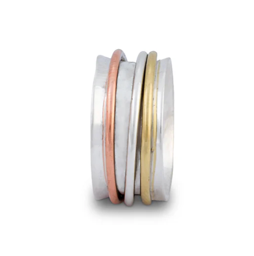 Curved Sterling Silver Spinning Ring with Brass, Copper, Sterling - Ritual - C